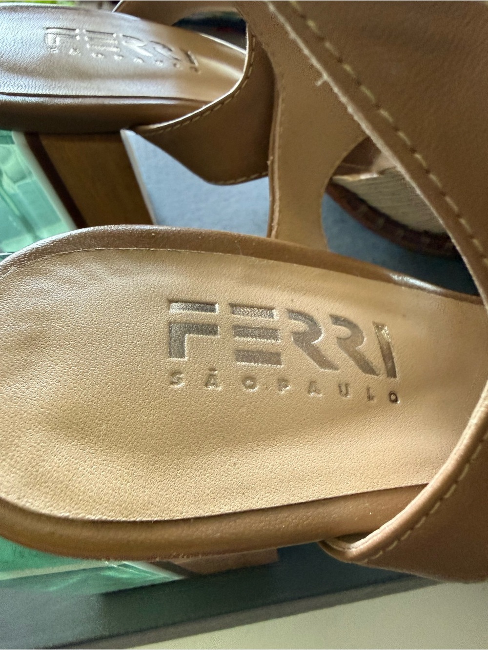 FERRI
Womens Tan Leather Slingback Sandals with Aqua Block Heel - Picture 7 of 11